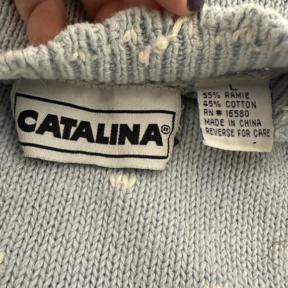 Catalina Womens Vintage 90s Cottagecore Sweater Size L Pastel Blue Beaded Flower - Picture 7 of 12